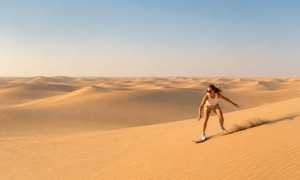 Traveller sandboarding across the Abu Dhabi desert dunes