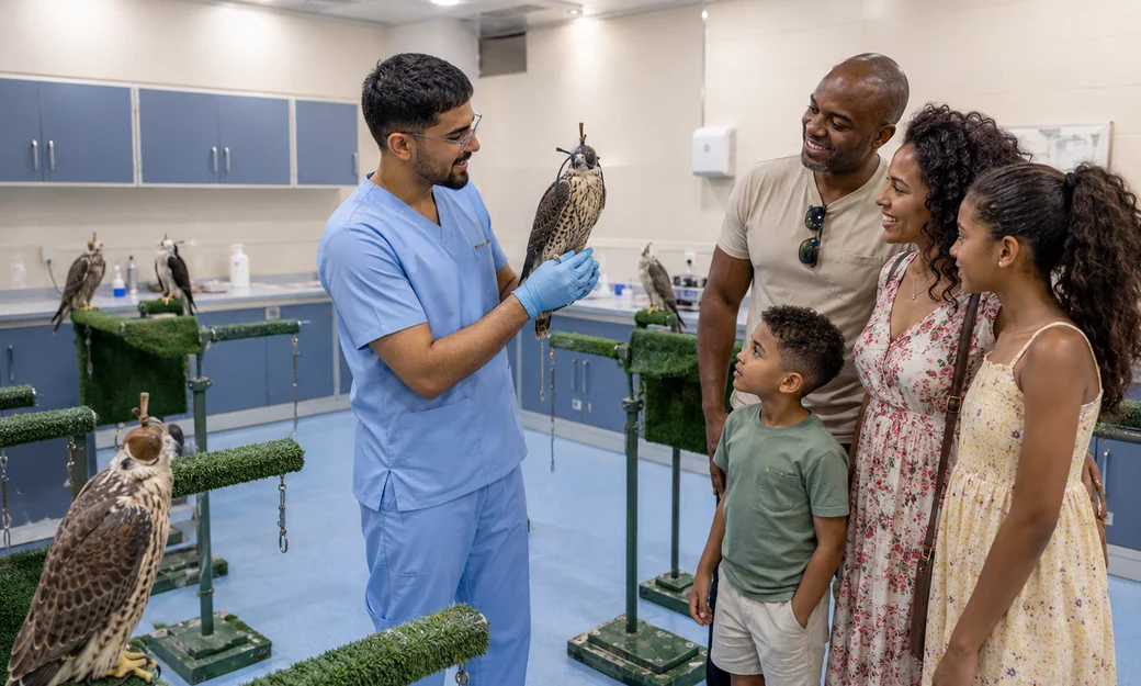 Family learning about a falcon from a hospital specialist