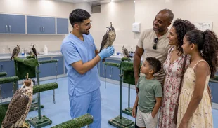 Family learning about falcons at Abu Dhabi Falcon Hospital