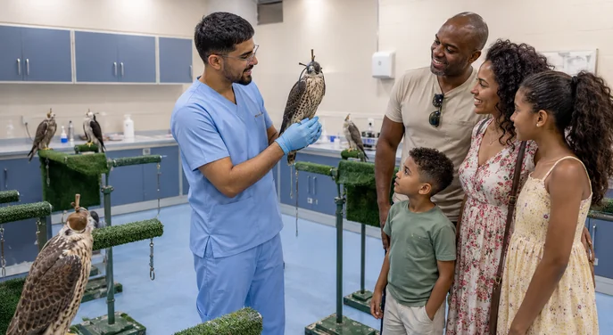 Family learning about a falcon from a hospital specialist at Abu Dhabi Falcon Hospital