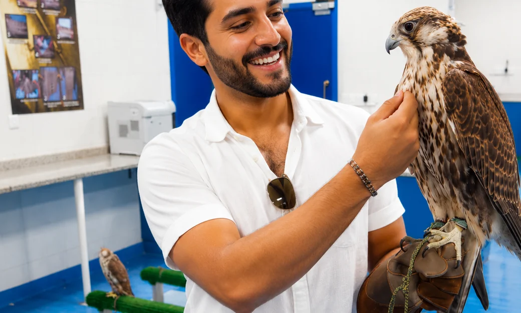 Visitor holding a falcon during the hospital tour