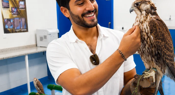 Visitor holding a falcon during the Abu Dhabi Falcon Hospital tour