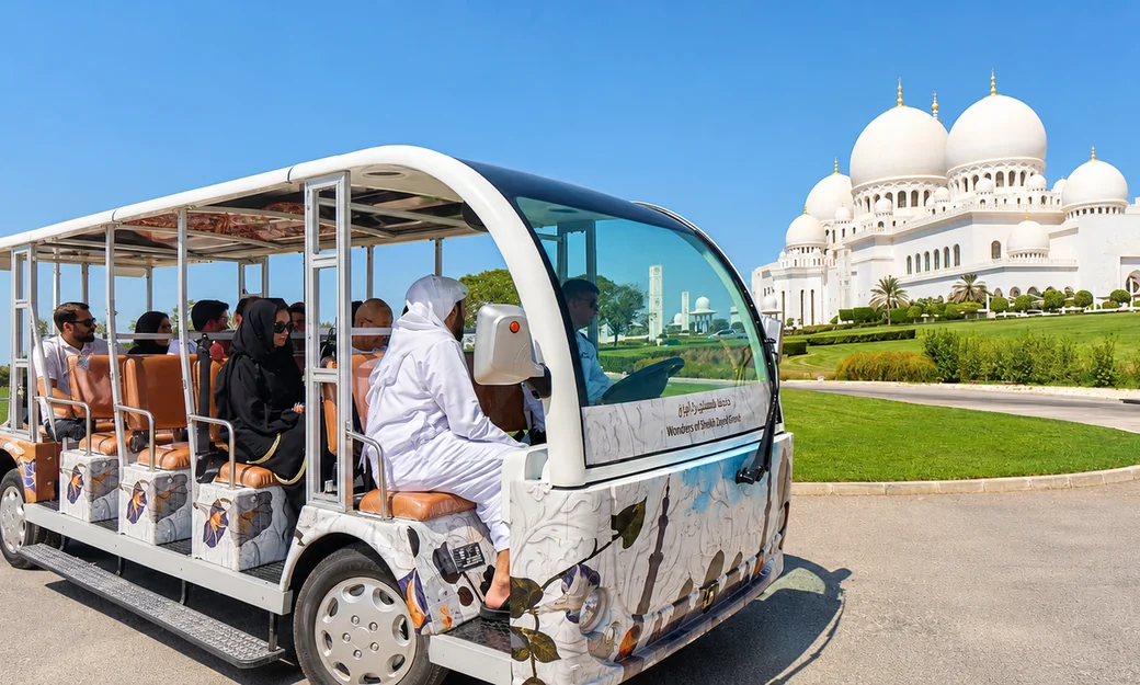 Visitors arriving at Sheikh Zayed Grand Mosque during a private Dubai to Abu Dhabi day trip