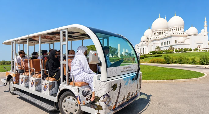 Visitor shuttle outside Sheikh Zayed Grand Mosque in Abu Dhabi