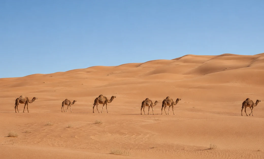 Camel herd crossing the open dunes of the Liwa Empty Quarter