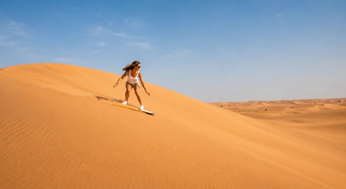 Traveller sandboarding down a high dune during the Liwa Day Tour