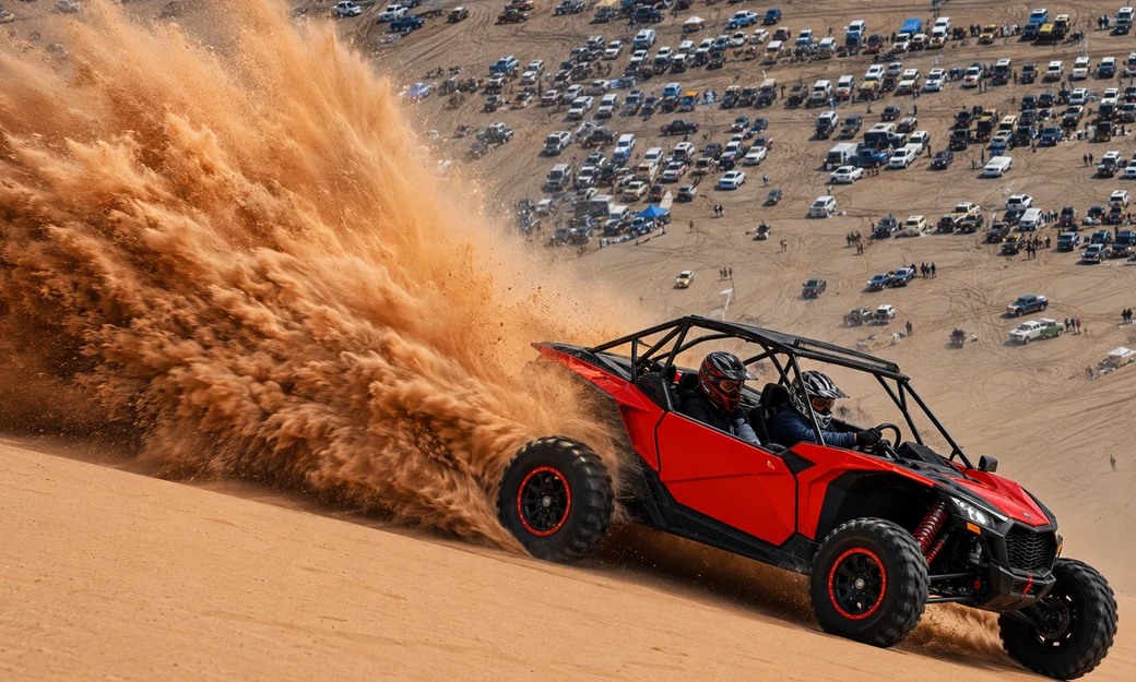 Red dune buggy climbing a steep sand slope during motorsport action at the Liwa festival