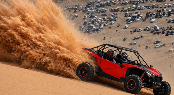 Red dune buggy climbing a steep sand slope during motorsport action at the Liwa festival