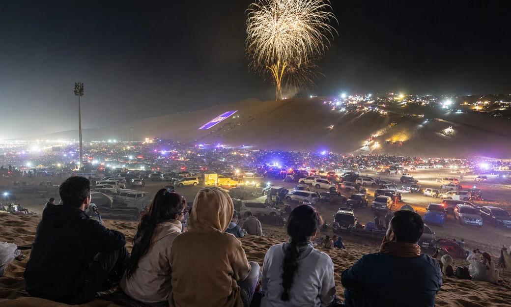 Fireworks lighting the night sky above the Liwa International Festival grounds