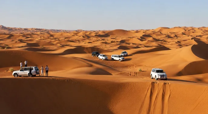 Private 4x4 convoy stopping on high dunes in the Liwa Empty Quarter