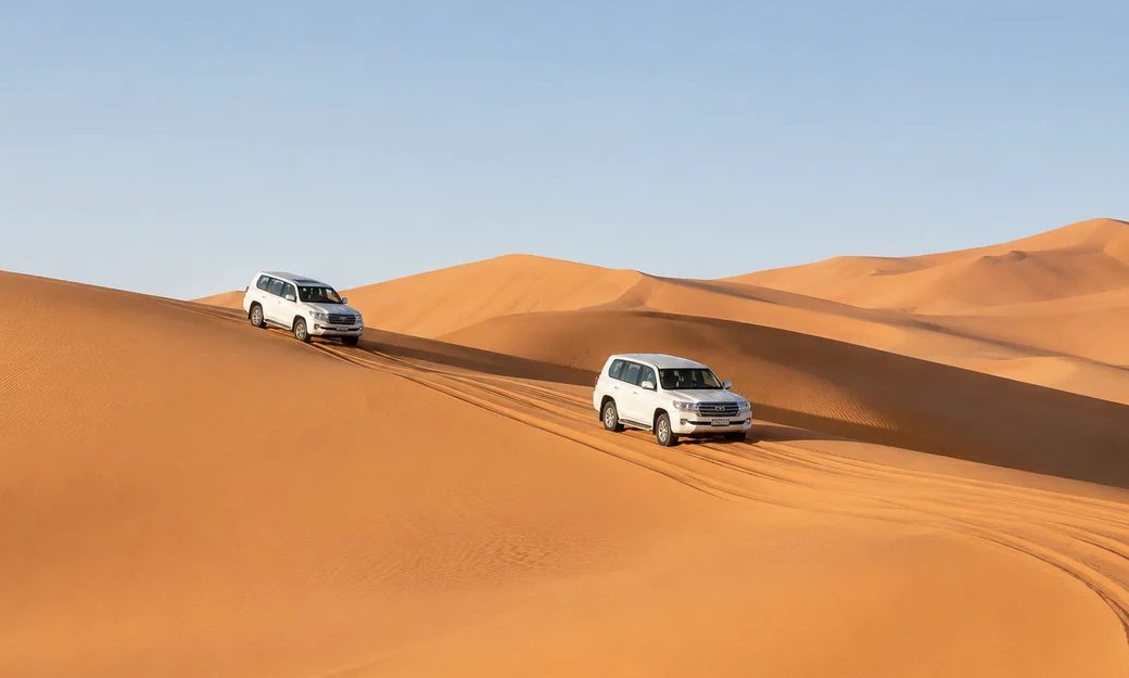 Private 4x4 vehicles driving across the open Liwa Empty Quarter dunes