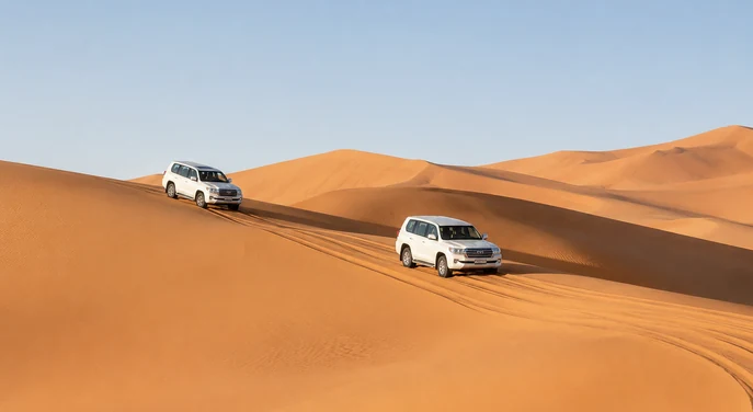 Private 4x4 vehicles driving across the open Liwa Empty Quarter dunes