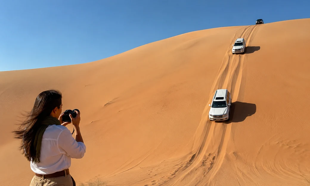 Traveller photographing a 4x4 convoy descending a steep dune during the Liwa Self Drive Adventure