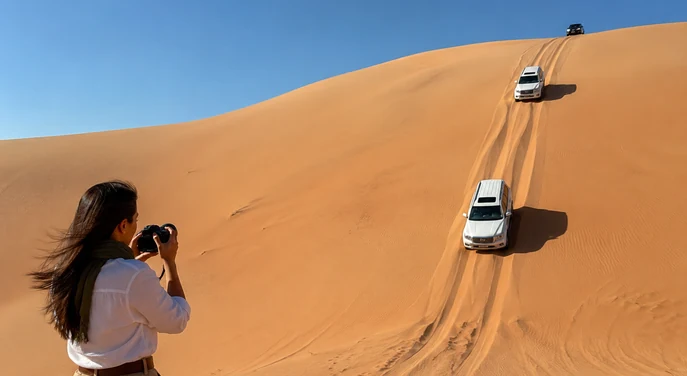 Traveller photographing a 4x4 convoy descending a steep dune during the Liwa Self Drive Adventure
