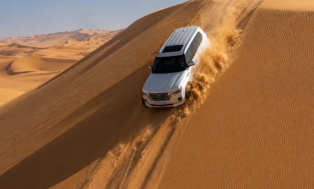 White 4x4 descending a steep Tel Moreeb dune during the Liwa Self Drive Adventure