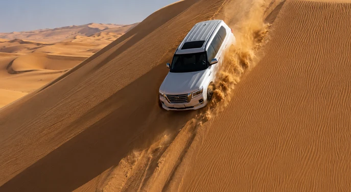 White 4x4 descending a steep Tel Moreeb dune during the Liwa Self Drive Adventure