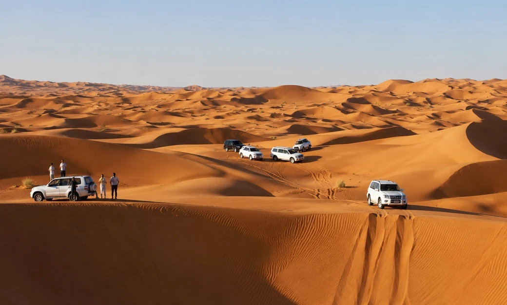 Multiple 4x4 vehicles gathered on high Liwa dunes during a guided self drive expedition