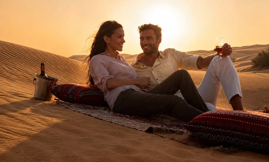 Two champagne glasses raised together against a golden desert sunset in Liwa