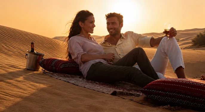 Two champagne glasses raised together against a golden desert sunset in Liwa