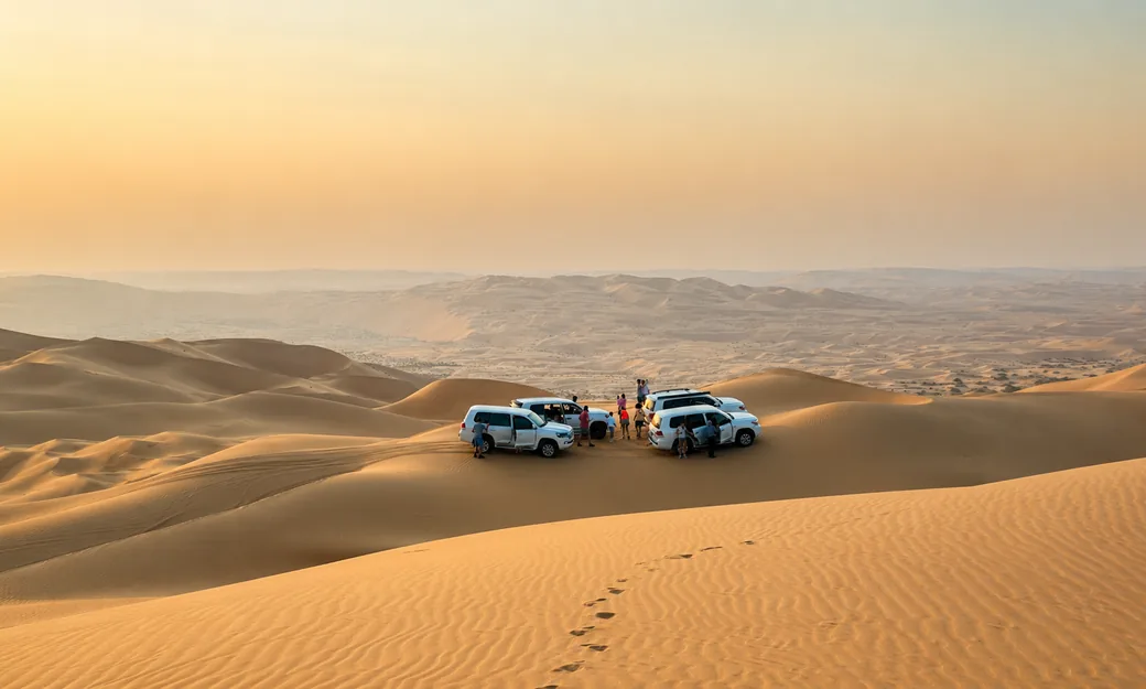 Private 4x4 vehicles paused among the Abu Dhabi desert dunes