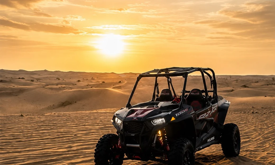 Polaris dune buggy parked on the Al Khatim dunes at sunset