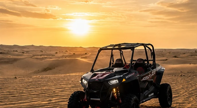Polaris dune buggy parked on the Al Khatim dunes at sunset