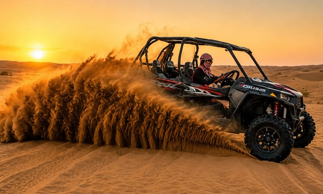 Guest driving a Polaris buggy across the Abu Dhabi dunes in golden evening light