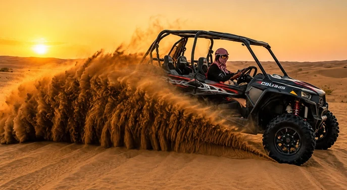 Guest driving a Polaris buggy across the Abu Dhabi dunes in golden evening light