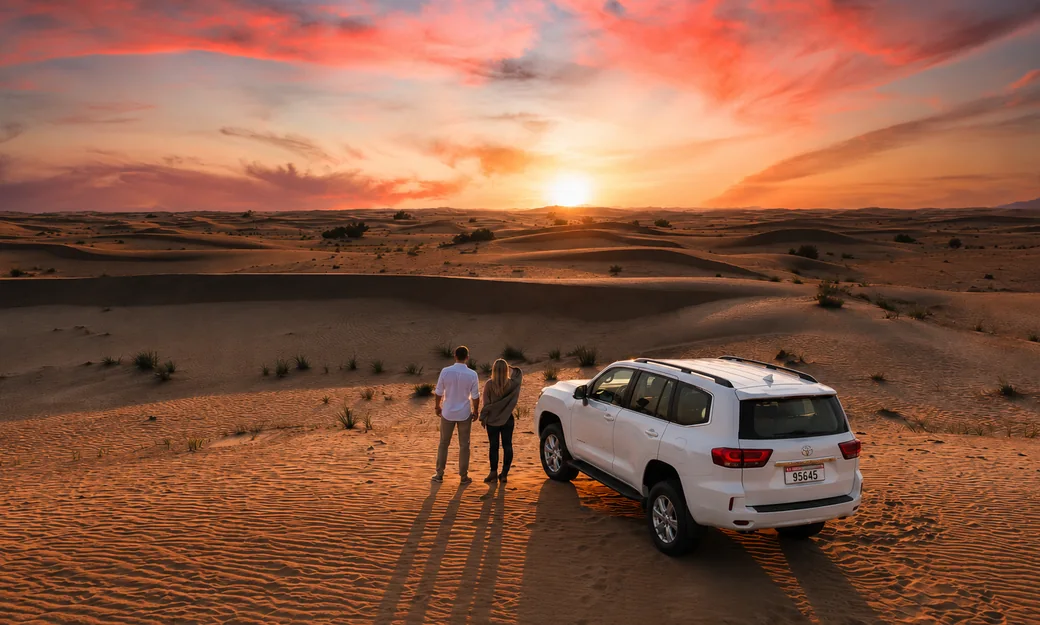 Couple watching the sunset beside their private Land Cruiser in the Abu Dhabi desert