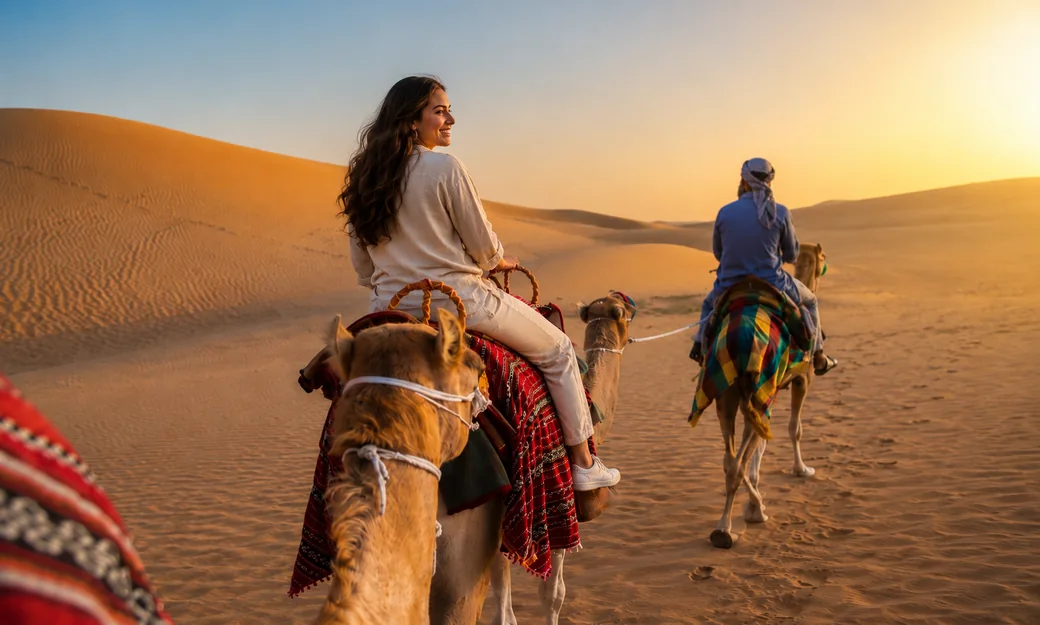 Traveller riding a camel during the premium Abu Dhabi evening safari