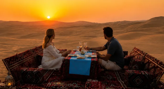 Couple relaxing at a private sunset majlis after a dune buggy ride