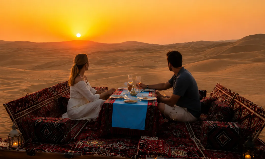 Couple relaxing at a private sunset majlis after a dune buggy ride