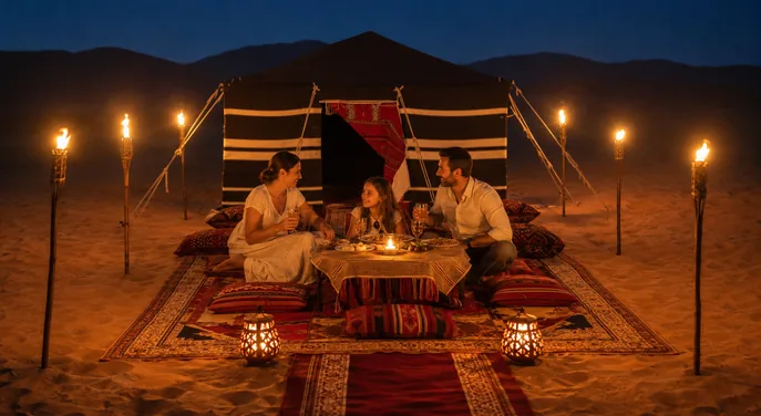 Private guests dining at a torch-lit Bedouin majlis in Abu Dhabi
