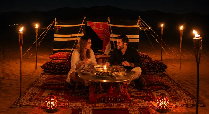 Couple enjoying a private dinner beside a Bedouin tent in Abu Dhabi