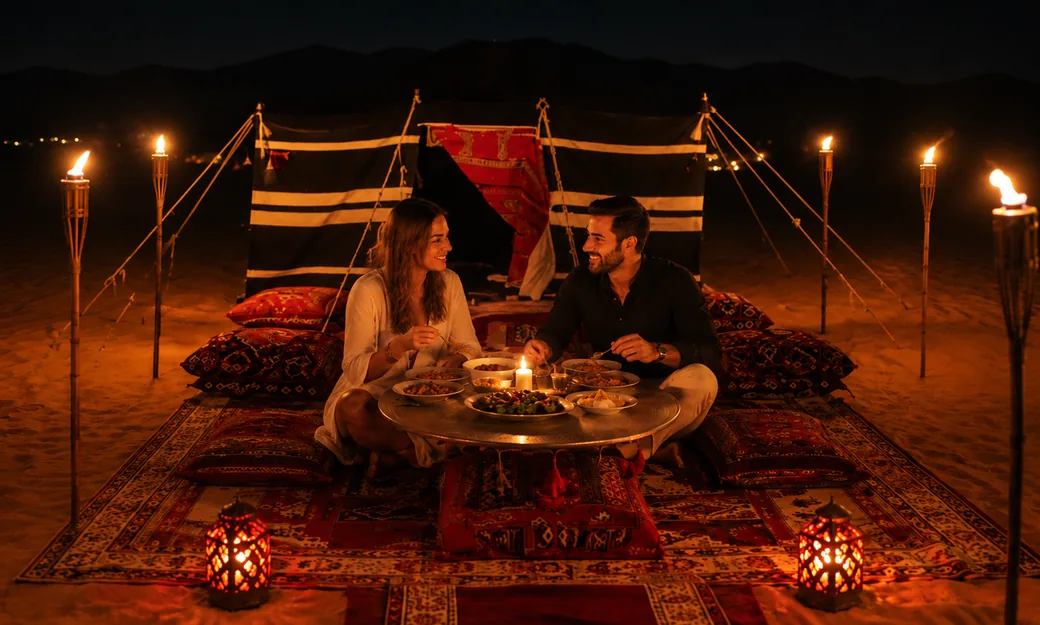 Couple enjoying a private dinner beside a Bedouin tent in Abu Dhabi