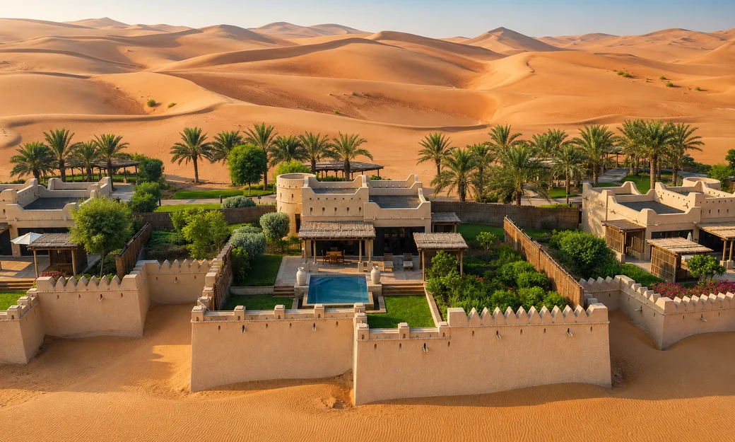 Aerial view of Qasr Al Sarab resort surrounded by Liwa dunes and palm trees