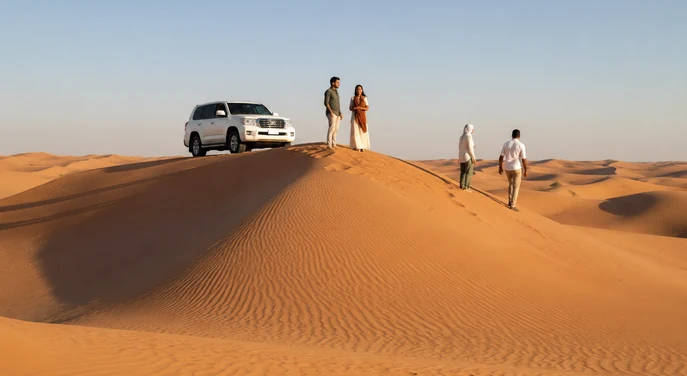 Qasr Al Sarab desert resort surrounded by palm trees and Liwa dunes