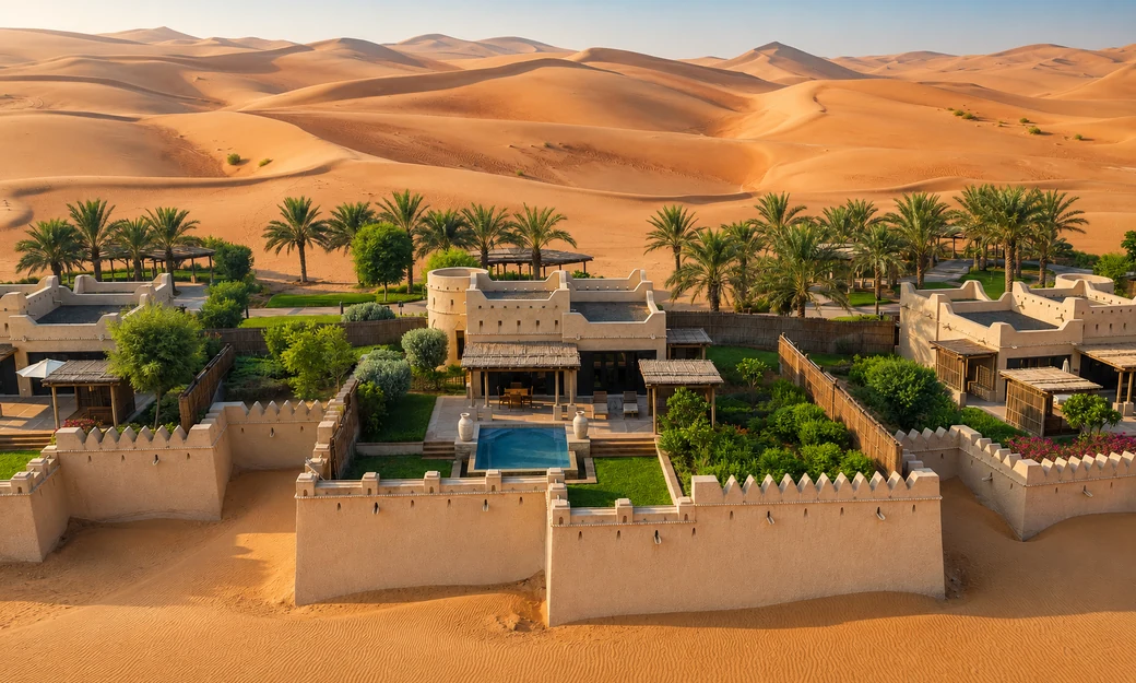 Outdoor terrace seating at Qasr Al Sarab overlooking the Empty Quarter dunes