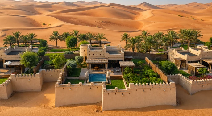 Outdoor terrace seating at Qasr Al Sarab overlooking the Empty Quarter dunes