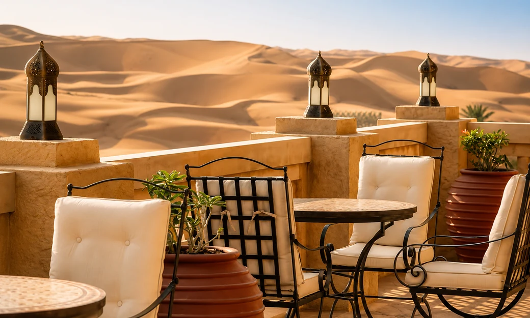Outdoor terrace at Qasr Al Sarab overlooking the Empty Quarter dunes