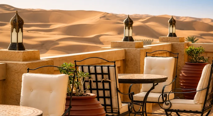 Outdoor terrace at Qasr Al Sarab overlooking the Empty Quarter dunes