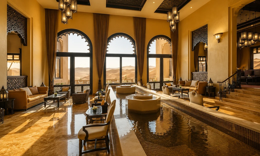 Elegant Qasr Al Sarab lounge with desert views through traditional arched windows