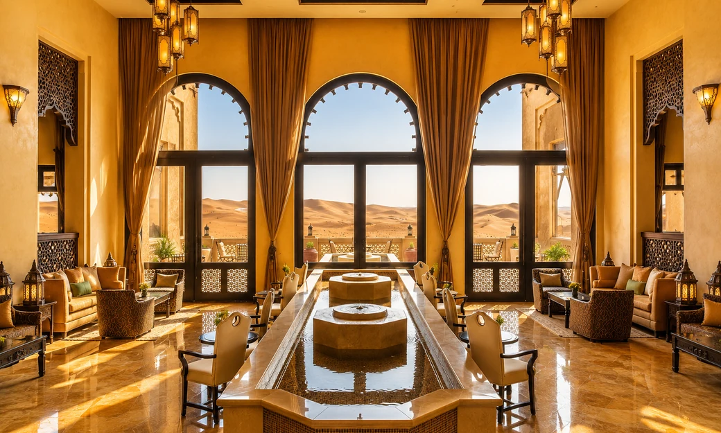 Grand lobby at Qasr Al Sarab Desert Resort with arched windows overlooking the Liwa dunes