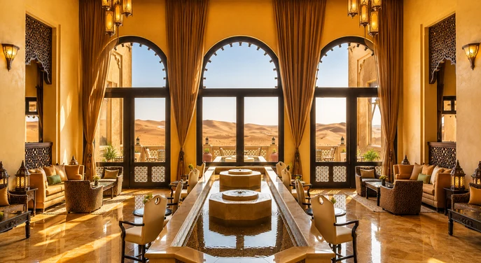 Grand lobby at Qasr Al Sarab Desert Resort with arched windows overlooking the Liwa dunes
