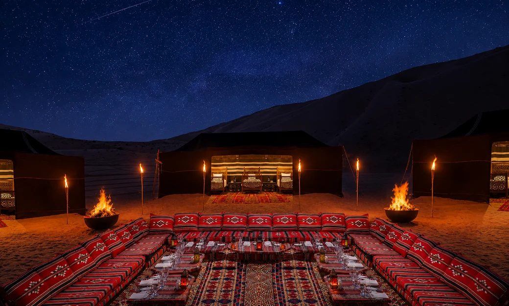 Private torch-lit desert dining camp under a star-filled sky near Qasr Al Sarab