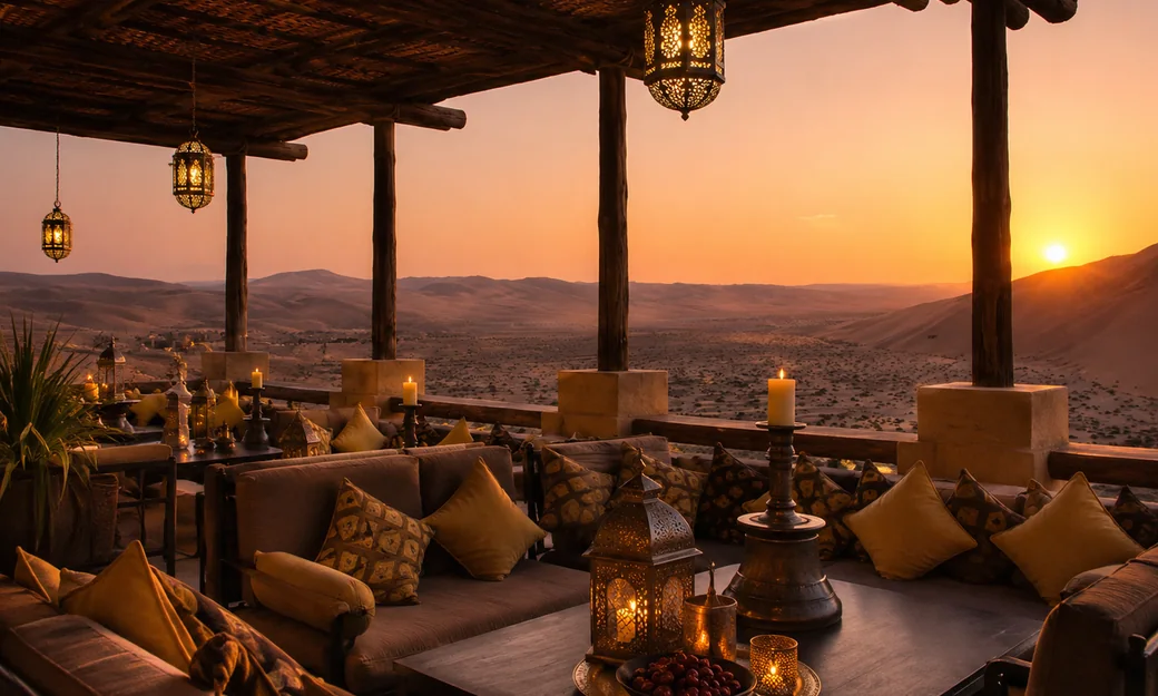 Lantern-lit rooftop lounge at Qasr Al Sarab during sunset