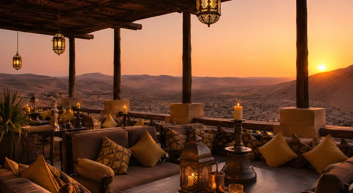 Lantern-lit rooftop lounge at Qasr Al Sarab during sunset