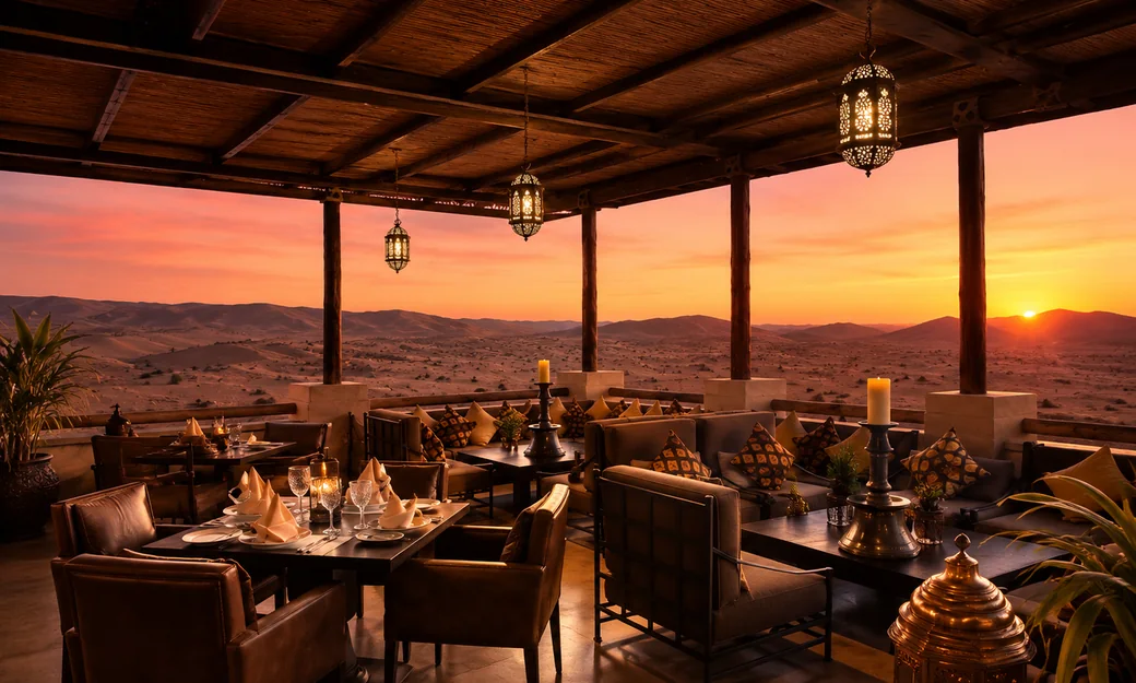 Rooftop sunset dining terrace at Qasr Al Sarab overlooking the Liwa Empty Quarter