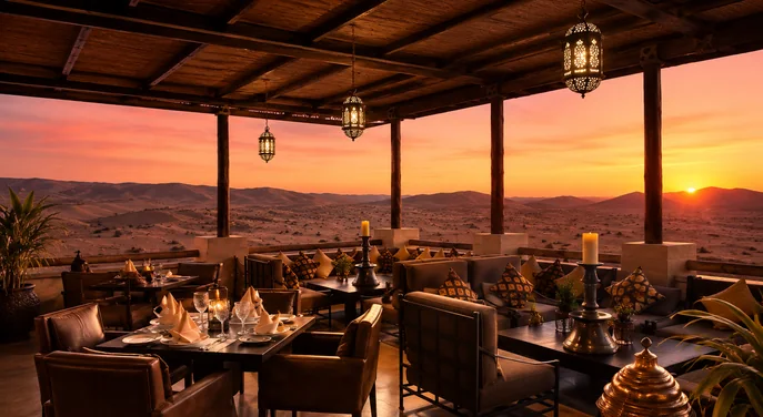 Rooftop sunset dining terrace at Qasr Al Sarab overlooking the Liwa Empty Quarter