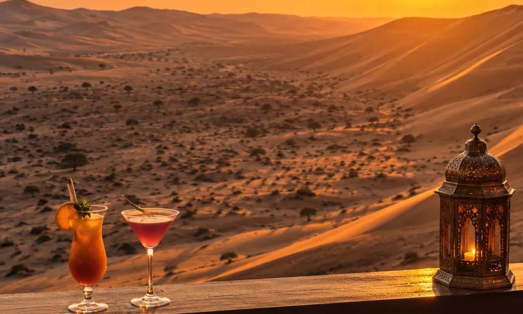 Sunset cocktails overlooking the Liwa dunes from Qasr Al Sarab